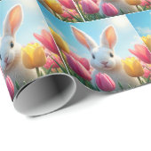 Witte konijn in een tulpentuin cadeaupapier (Rol Hoek)