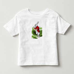 Witte konijn kijkt naar het horloge. Illustratie Kinder Shirts