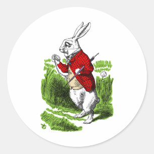 Witte konijn kijkt naar het horloge. Illustratie Ronde Sticker