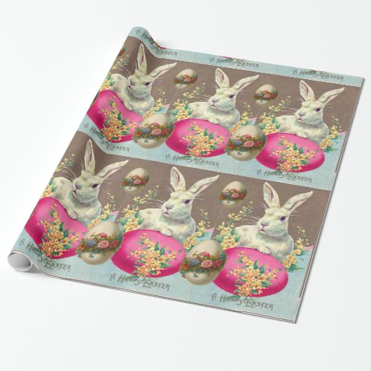 WITTE KONIJN MET EENVOUDIGERE EGG- EN SPRINGSTROME CADEAUPAPIER (Uitgerold)