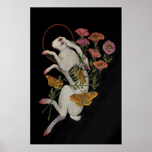 Witte Konijn met Klaprozen - Giclee Print van
