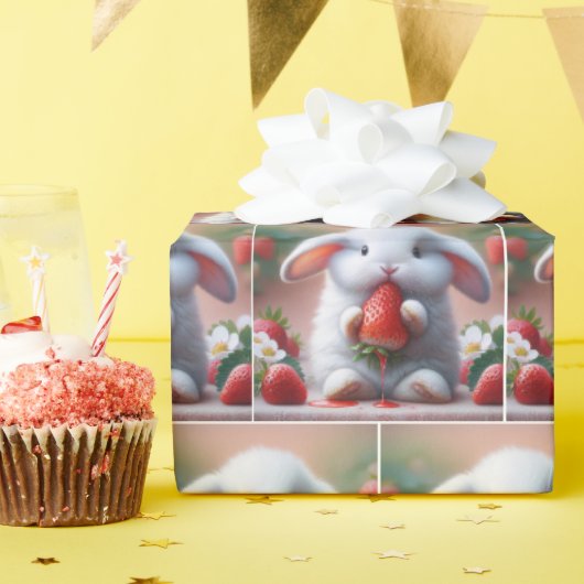 Witte konijn met sappige aardbei cadeaupapier (Verjaardagsfeest)