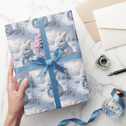 Witte konijn met wintersjaal cadeaupapier (Geschenken)