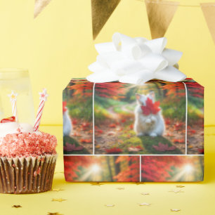 Witte konijn verstopt zich achter een rood esdoorn cadeaupapier