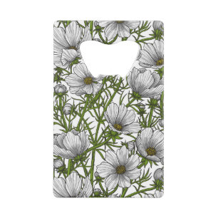 Witte kosmosbloemen kredietkaart flessenopener