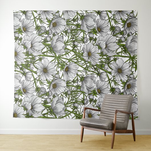 Witte kosmosbloemen wandkleed (In Situ (horizontaal))