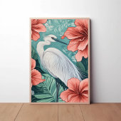 Witte kraan in bloeiende bloemen Natuur geïnspiree Poster