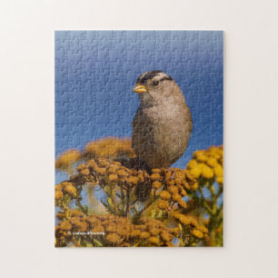 Witte kruipen Sparrow die op de Tansy zit Legpuzzel