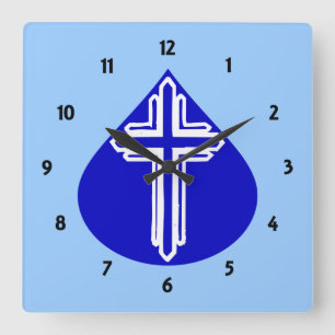 Witte kruis op blauw ontwerp vierkante klok