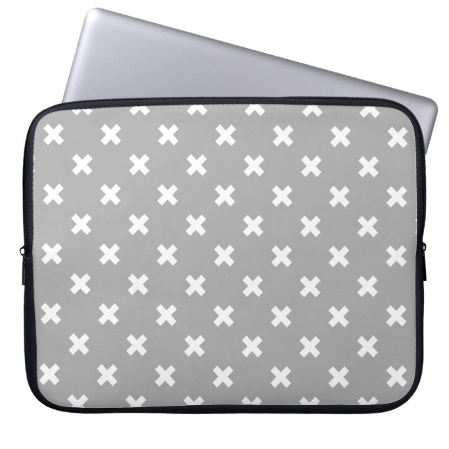 Witte kruisstiften op grijs laptop sleeve (Voorkant)