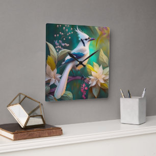 Witte Kuif Teal Wing Jay Fantasie Vogel Vierkante Klok