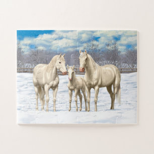 Witte kwartpaarden van Cremello in sneeuw Legpuzzel