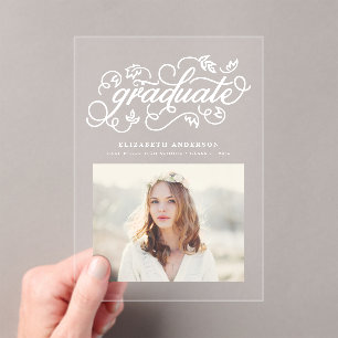 Witte Landelijke Calligrafie Foto Afstuderen Acryl Uitnodigingen