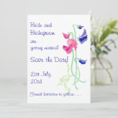 Witte Lathyrus Roze en Blauwe 'Save the Date' Kaar Save The Date (Staand voorkant)