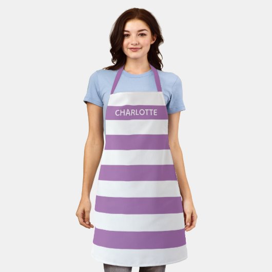 Witte lavender strepen aangepaste monogram naam schort (Gedragen)