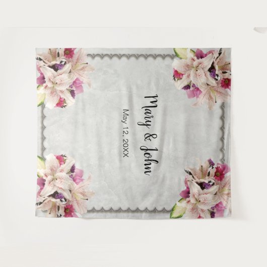 Witte lelie bloem marmeren huwelijks achtergrond wandkleed (Voorkant (horizontaal))