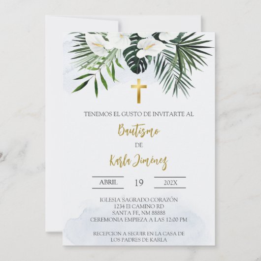 Witte Lelie bloem Spaanse doop Uitnodiging (Voorkant)