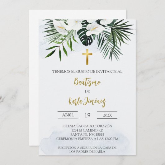 Witte Lelie bloem Spaanse doop Uitnodiging (Voorkant / Achterkant)