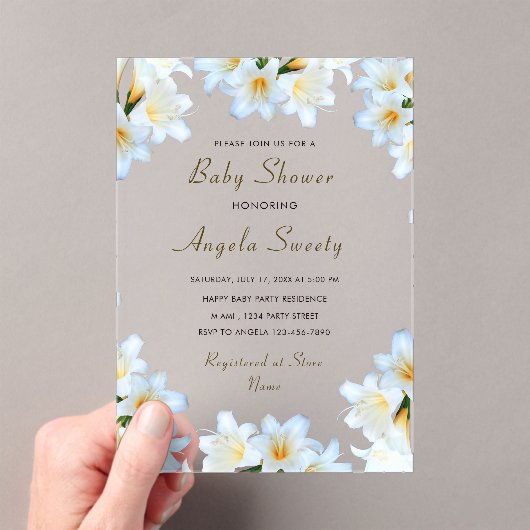Witte Lelie Bloemen Acryl Baby shower Uitnodiging Acryl Uitnodigingen (Insitu (Draagbaar))