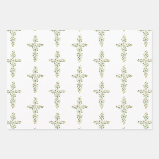 Witte Lelie Bloemen Bloemen Kruis Religieuze Doop Inpakpapier Vel (Voorkant)