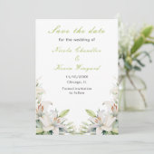 Witte lelie bloemen bruiloft save the date (Staand voorkant)