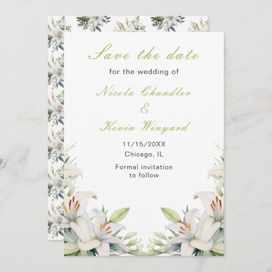Witte lelie bloemen bruiloft save the date (Voorkant / Achterkant)