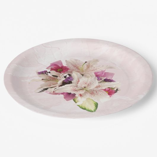 Witte Lelie Bloemen Roze Marmeren Bruiloft Papier Papieren Bordje (Gekanteld)