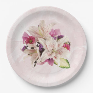Witte Lelie Bloemen Roze Marmeren Bruiloft Papier  Papieren Bordje