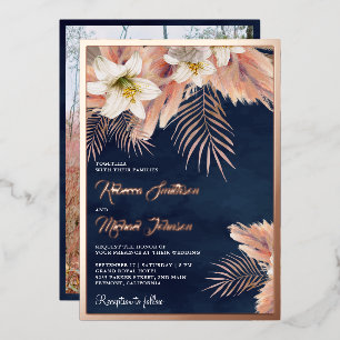 Witte Lelie Boho Pampas Navyblauw Trouwen Roze Gou Folie Uitnodiging