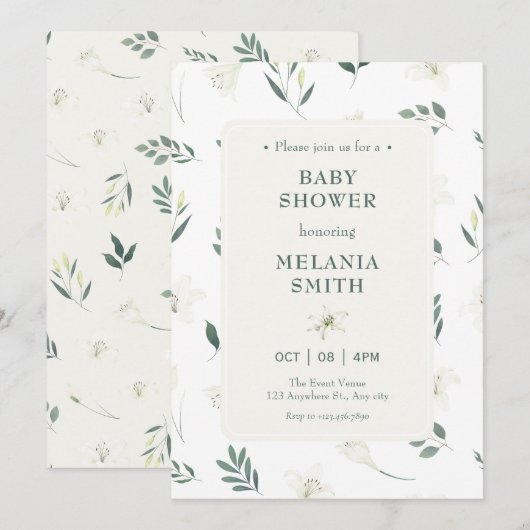 Witte lelie floral baby shower kaart (Voorkant / Achterkant)