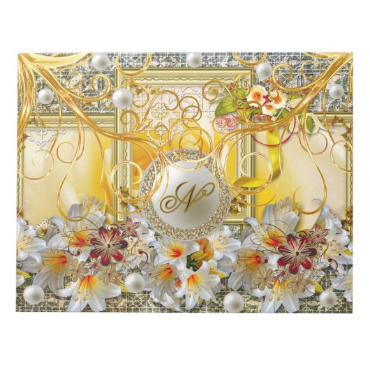 Witte Lelie Gouden Boom Zilveren Parels Damask Abs Notitieblok (Voorkant)