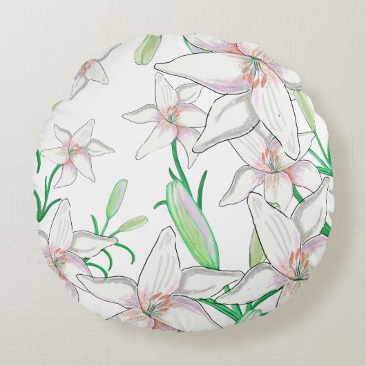 Witte Lelie Illustratie Rond Kussen (Voorkant)