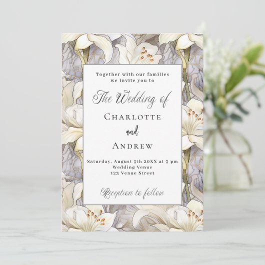 Witte lelies bloemblaadjes zilveren retro bruiloft kaart (Staand voorkant)