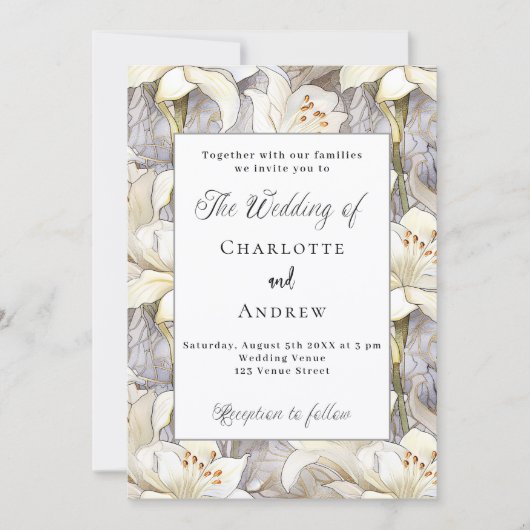 Witte lelies bloemblaadjes zilveren retro bruiloft kaart (Voorkant)
