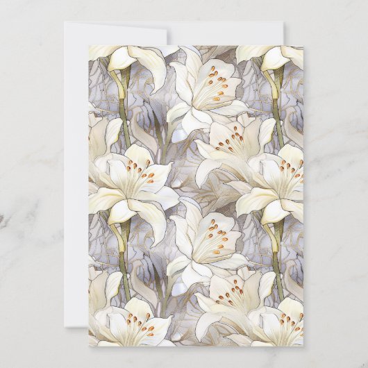 Witte lelies bloemblaadjes zilveren retro bruiloft kaart (Achterkant)