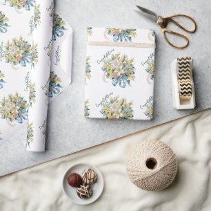 Witte lelies en blauwe linten bruidsboeket cadeaupapier