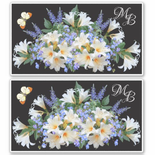 Witte Lelies en Blauwe Veronica Bloemen Monogram Sticker (Voorkant)