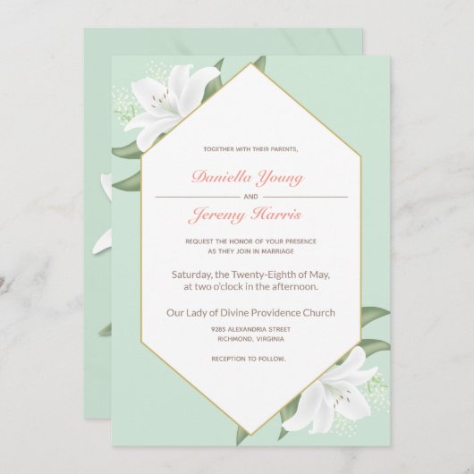 Witte lelies en milde munt bruiloft uitnodiging (Voorkant / Achterkant)