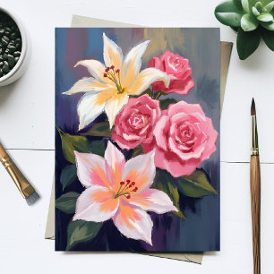 Witte Lelies Roze Roos Boeket Aquarel Bloem Briefkaart