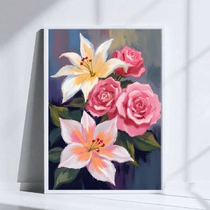 Witte Lelies Roze Roos Boeket Aquarel Bloem Poster