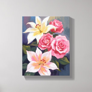 Witte lelies Roze Rozen Boeket Aquarel Bloemen Canvas Afdruk