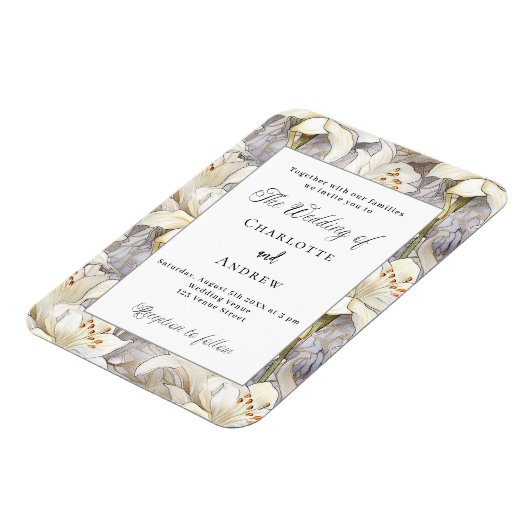 Witte lelies zilver retro trouwuitnodiging magneet (Linkerzijde)