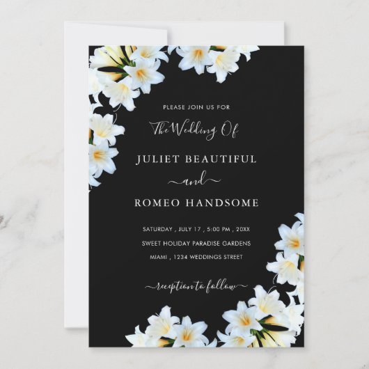 Witte lelies zwarte bruiloft uitnodiging voorbeeld (Voorkant)