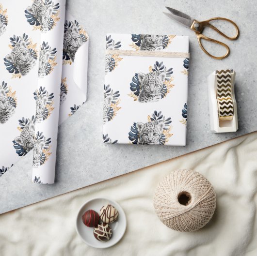 Witte Leopard Blauwe Tropische bladeren Cadeaupapier (Crafts)