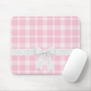 Witte lint en strik op roze ruit muismat