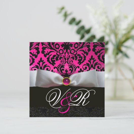 WITTE LINT ROZE FUCHSIA ZWART DAMAST MONOGRAM KAART (Staand voorkant)
