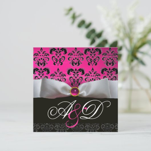WITTE LINT ROZE PURPER ZWART DAMAST MONOGRAM KAART (Staand voorkant)