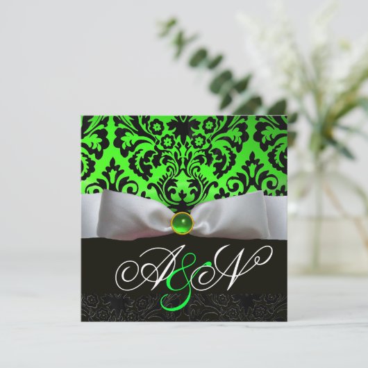 WITTE LINT SMARAGD GROEN ZWART DAMAST MONOGRAM KAART (Staand voorkant)