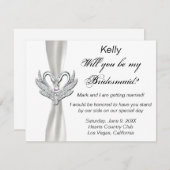 Witte lint zilveren zwanen bruidsmeisje kaart (Voorkant / Achterkant)