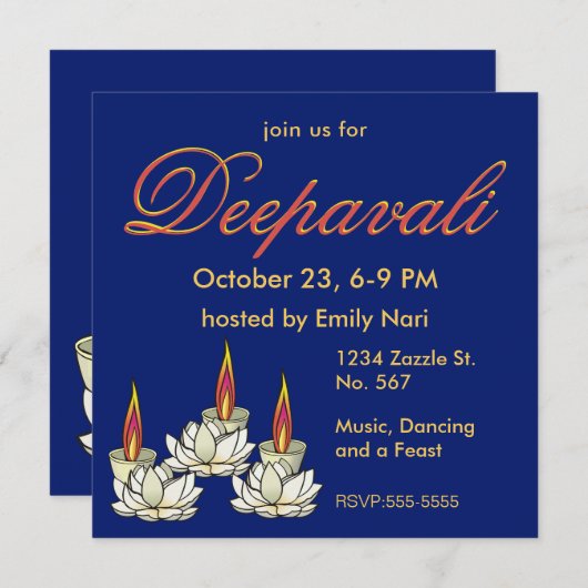 Witte Lotus & Deepas Diwali Uitnodiging (Voorkant / Achterkant)